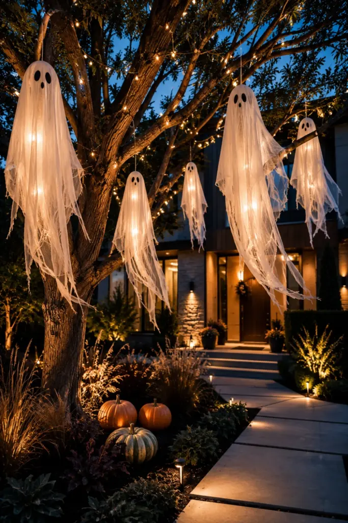Best Halloween Easy Outdoor Decorations Set-up design ideas showing a contemporary outdoor tree decorated with floating cheesecloth ghosts under soft modern lighting.