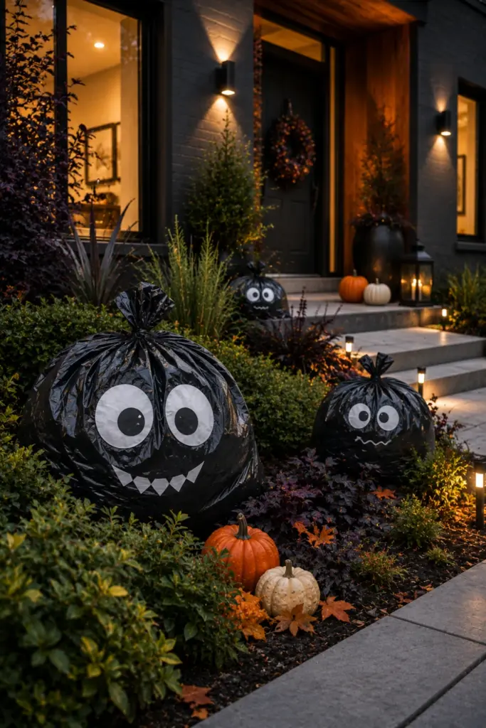 Best Halloween Easy Outdoor Decorations Set-up design ideas featuring playful black garbage bag monsters hiding among modern garden shrubs.