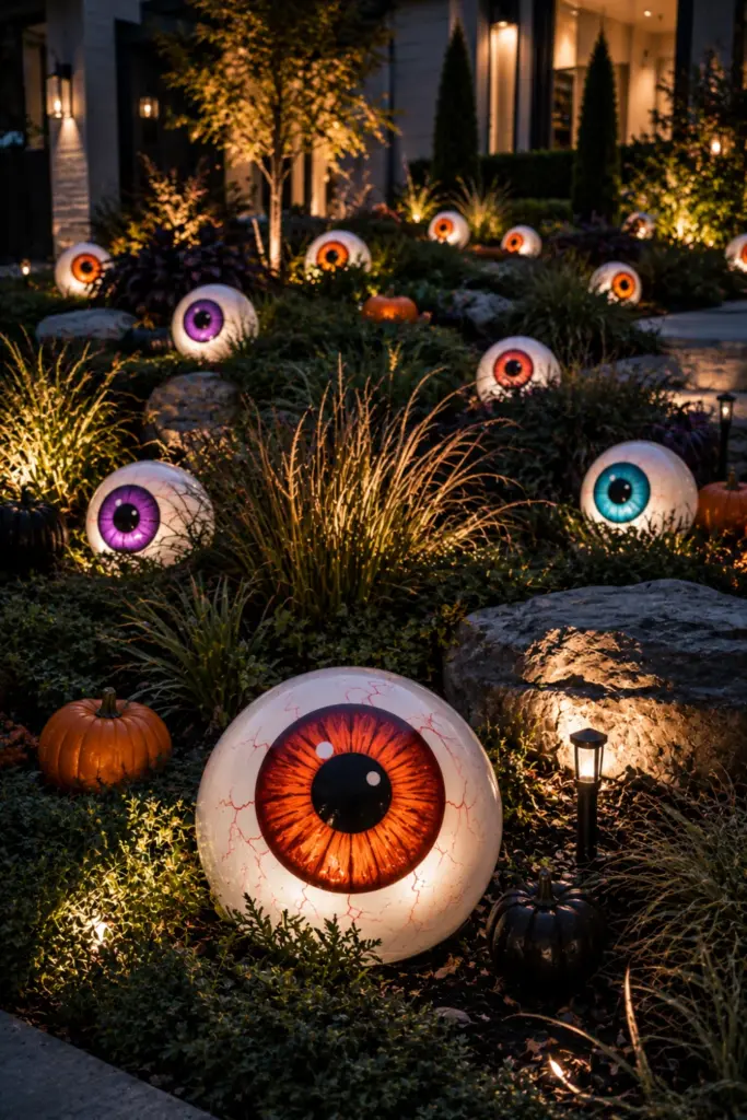 Best Halloween Easy Outdoor Decorations Set-up Design Ideas with glowing eyeball ornaments arranged dramatically through a modern landscaped garden.
