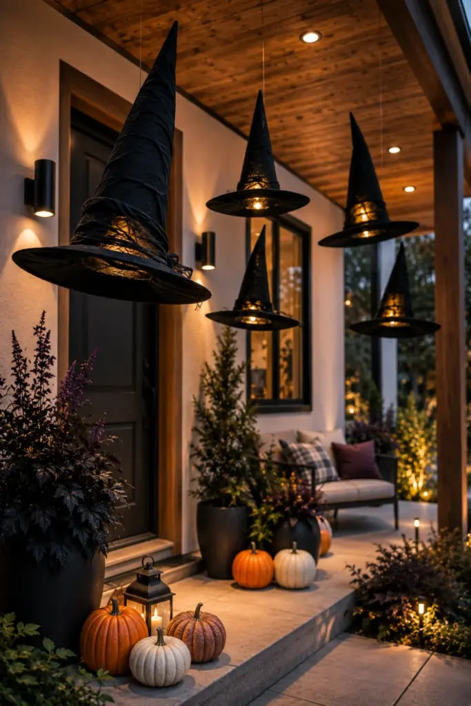 Best Halloween Easy Outdoor Decorations Set-up Design Ideas featuring floating black witch hats suspended above a stylish modern porch with subtle lighting.