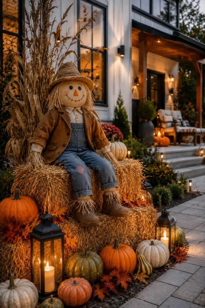 Best Halloween Easy Outdoor Decorations Set-up Design Ideas featuring a cheerful modern hay bale scarecrow surrounded by pumpkins and seasonal landscaping