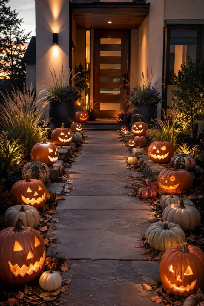 Best Halloween Easy Outdoor Decorations Set-up Design Ideas featuring a modern glowing jack-o’-lantern pathway with colorful pumpkins and realistic outdoor lighting.