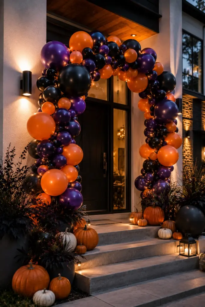 Best Halloween Easy Outdoor Decorations Set-up Design Ideas featuring a colorful orange and purple light-up balloon arch around a modern front entrance.