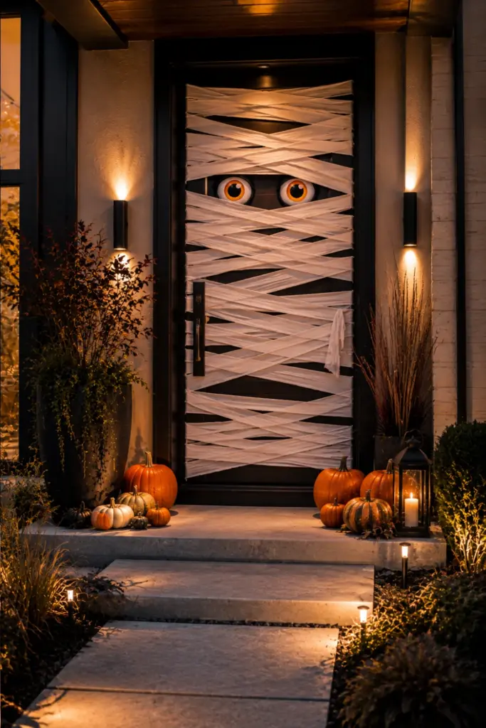 Best Halloween Easy Outdoor Decorations Set-up Design Ideas featuring a modern mummified front door wrapped in white crepe paper with oversized spooky eyes and warm lighting.