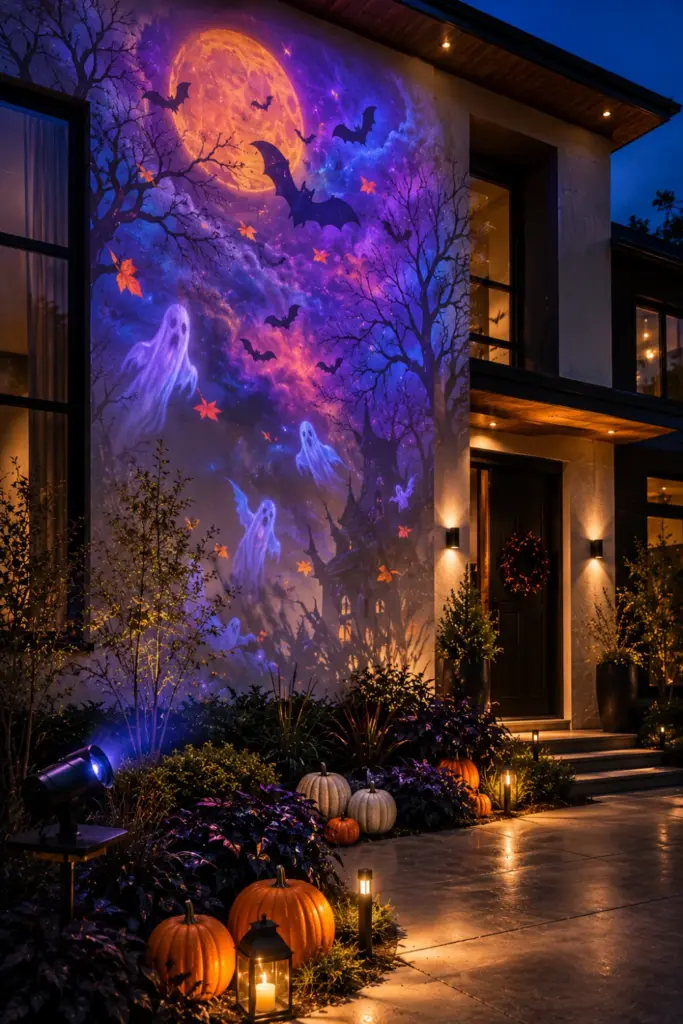 Best Halloween Easy Outdoor Decorations Set-up Design Ideas featuring a modern home exterior transformed by a colorful Halloween projector light show.