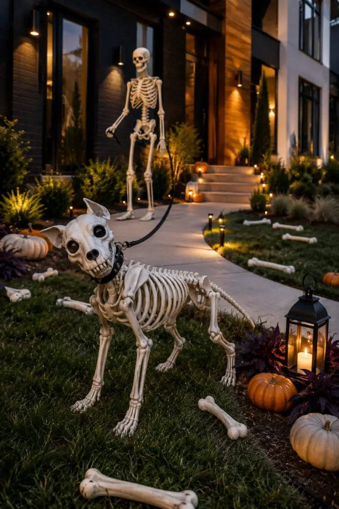 Best Halloween Easy Outdoor Decorations Set-up design ideas featuring a playful skeleton dog walk with faux bones and a contemporary landscaped yard.