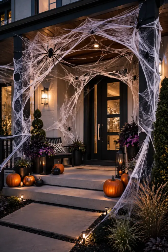 Best Halloween Easy Outdoor Decorations Set-up Design Ideas featuring a stylish modern porch covered in layered spider webbing with oversized spiders and warm, contemporary lighting.