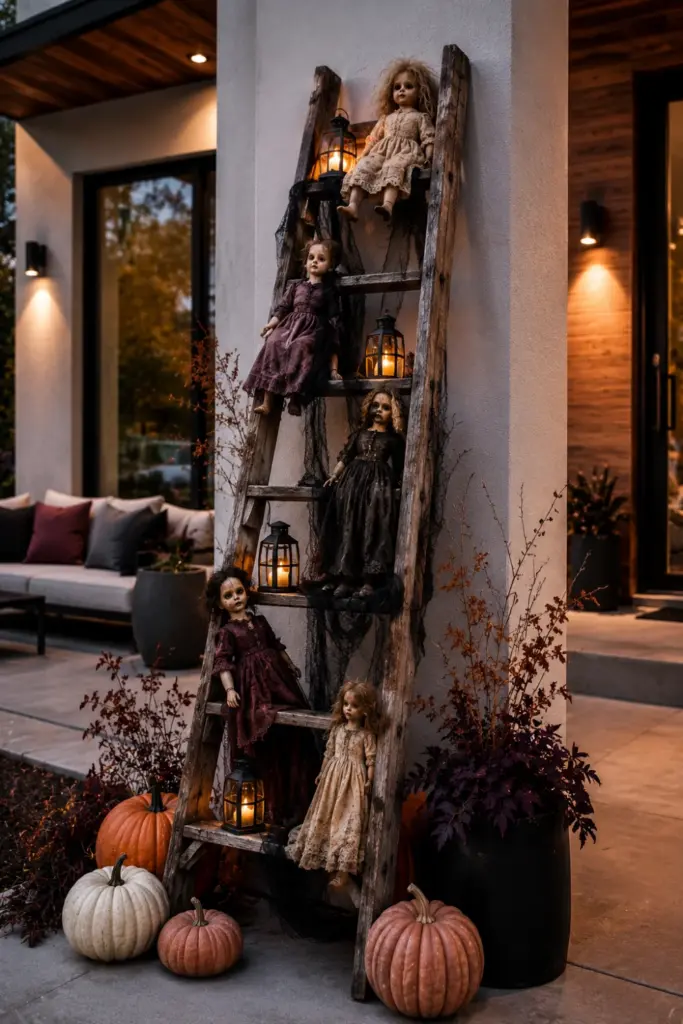 Best Halloween Easy Outdoor Decorations Set-up Design Ideas featuring an old ladder display with creepy dolls, lanterns, and modern Halloween styling.