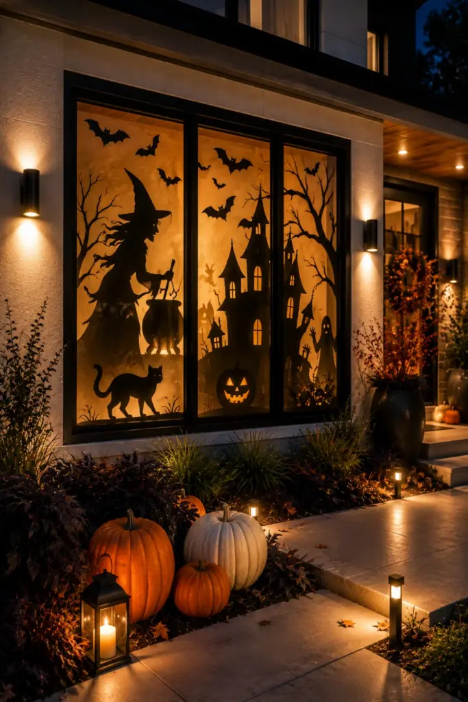 Best Halloween Easy Outdoor Decorations Set-up Design Ideas featuring dramatic Halloween window silhouettes with witches, bats and cats in a modern home.
