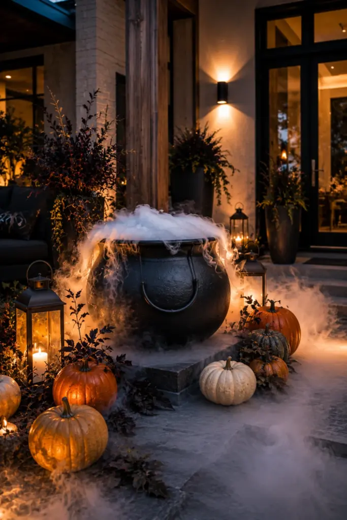 Best Halloween Easy Outdoor Decorations Set-up design ideas featuring a modern witch’s cauldron with realistic low fog, pumpkins, and contemporary outdoor styling.