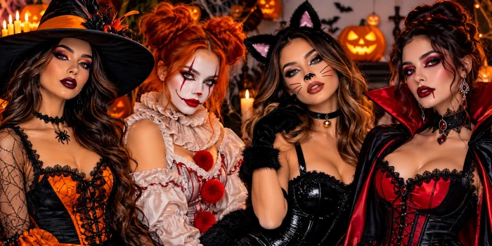 Best Halloween outfit and makeup design ideas featuring glamorous witch, clown, cat, and vampire costumes with dramatic Halloween makeup