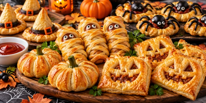 Best Halloween puff pastry recipes to make easily, featuring golden flaky pastries shaped like mummies, pumpkins, spiders, and festive Halloween treats for parties.
