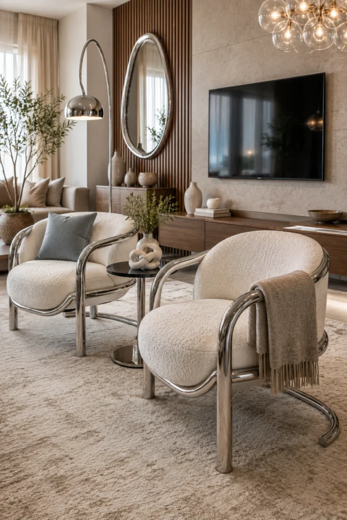 Modern chrome accent chairs with curved ivory upholstery, sculptural design, warm wood details, contemporary lighting, and neutral luxury decor.