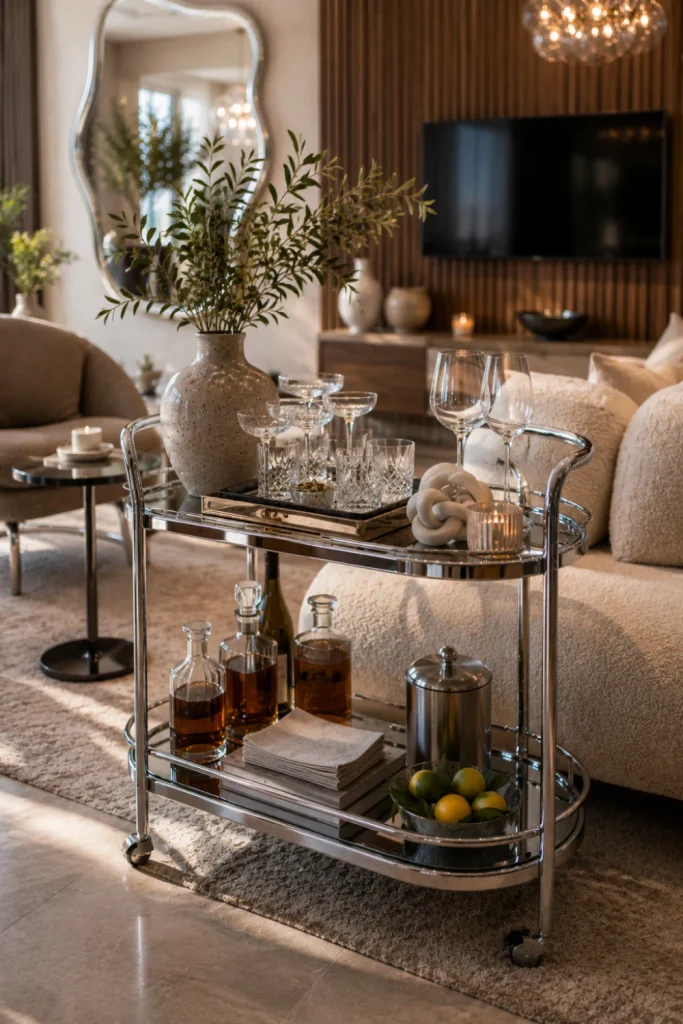 Chic chrome bar cart styled with elegant glassware, a ceramic vase, greenery, a decorative tray, and modern neutral living room furnishings.