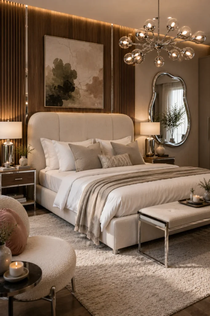 Elegant modern chrome bedroom with upholstered bed, chrome bedside tables and lamps, soft neutral bedding, warm wood accents, a wall mirror, and contemporary lighting.