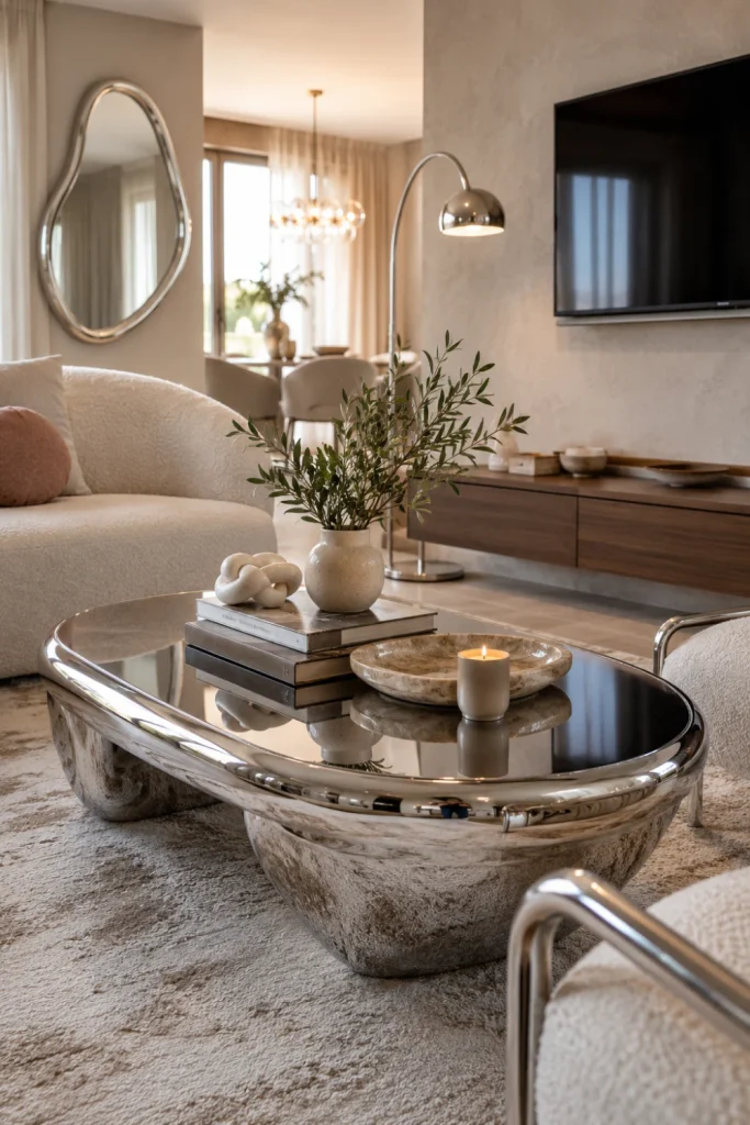 Contemporary chrome coffee table styled with books, a ceramic vase, sculptural decor, boucle seating, warm wood, and soft neutral living room accents.
