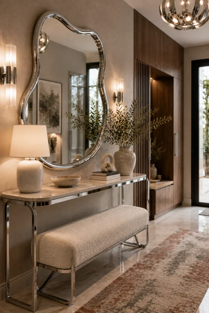 Modern chrome entryway with slim console table, oversized chrome mirror, sculptural lamp, warm wood accents, textured runner, and contemporary storage.