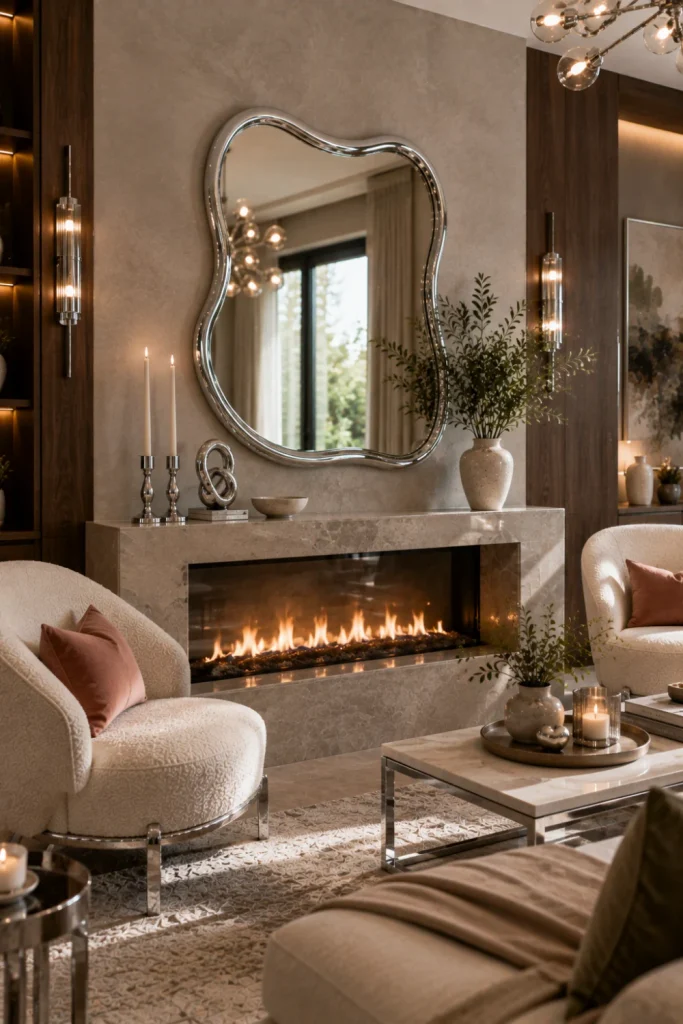 Contemporary fireplace with chrome candleholders, chrome-framed mirror, warm wood paneling, neutral seating, sculptural decor, and modern lighting.