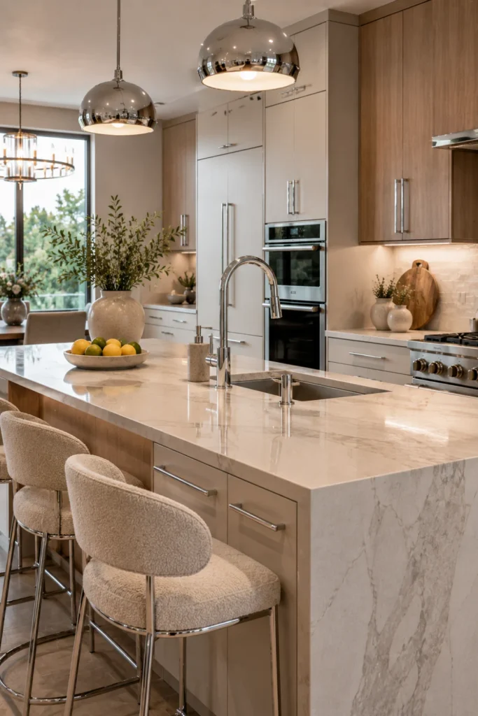 Modern luxury kitchen with polished chrome cabinet handles, contemporary chrome faucet, pendant lighting, warm wood cabinetry, marble surfaces, and elegant neutral decor.