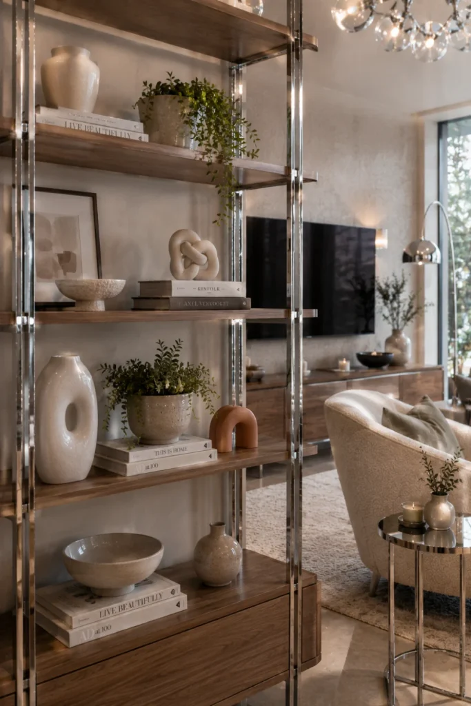 Modern chrome shelving styled with books, ceramics, artwork, greenery, sculptural objects, and warm wood accents in a contemporary home.