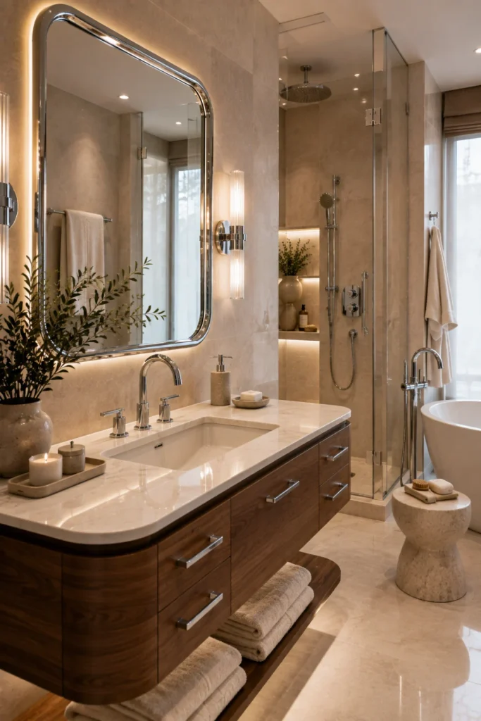 Luxury modern chrome bathroom with chrome faucet, shower fixtures, framed mirror, floating vanity, warm wood accents, stone surfaces, and contemporary lighting.