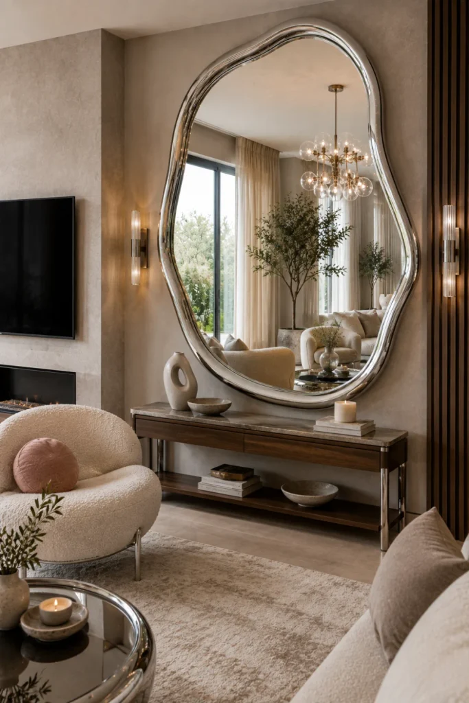 Slim modern chrome console table styled beneath an organic mirror with a sculptural lamp, ceramics, greenery, warm wood, and contemporary entry decor.