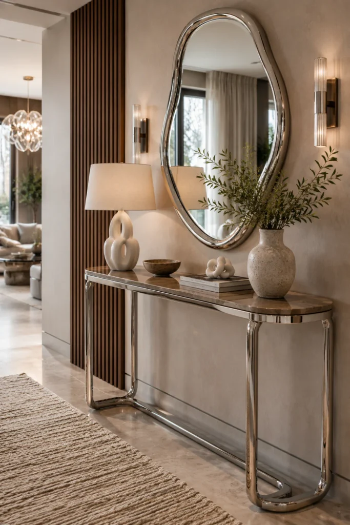 Slim modern chrome console table styled beneath an organic mirror with a sculptural lamp, ceramics, greenery, warm wood, and contemporary entry decor.
