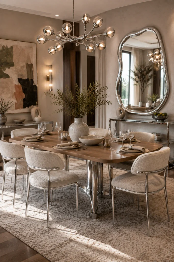Modern chrome dining room with sculptural chrome chairs, a contemporary dining table, an elegant pendant chandelier, neutral upholstery, warm wood, and refined decor.