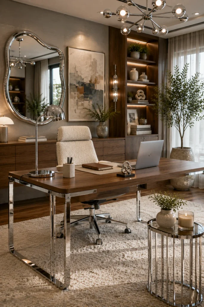 Modern chrome home office with sleek chrome-legged desk, ergonomic chair, contemporary lamp, warm wood cabinetry, wall art, and elegant neutral decor.