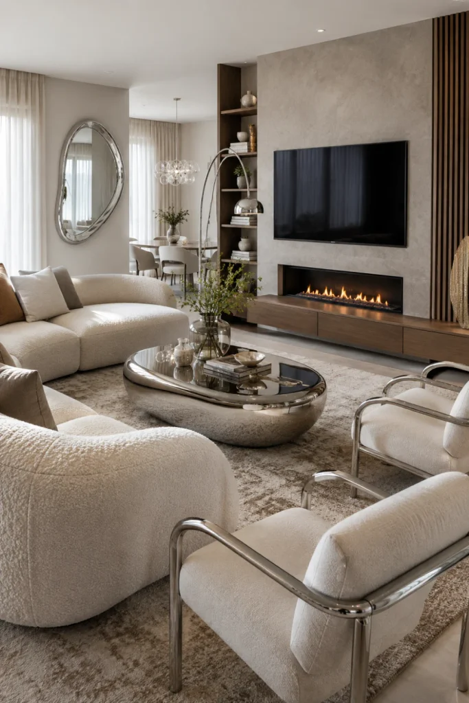 Modern chrome living room with cream boucle sofa, sculptural chrome coffee table, contemporary lighting, warm wood accents, and elegant neutral decor.