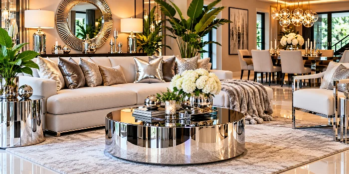 Modern chrome home interior decor ideas featuring a luxurious cream living room, reflective chrome coffee table, metallic accent pillows, mirrored side tables, elegant lighting, and sophisticated contemporary home accessories.