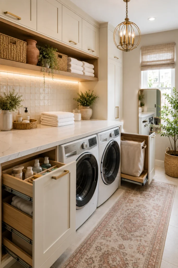 Best Modern Laundry Room Storage Ideas with a built-in folding counter, hidden drawers, modern cabinets, and organized laundry supplies.