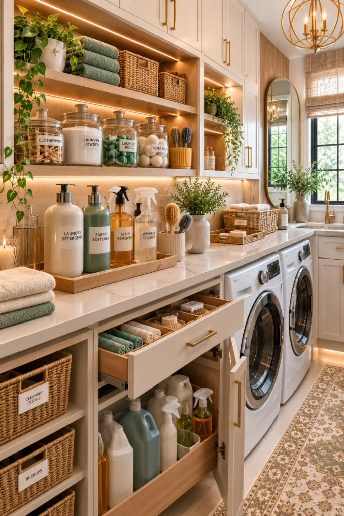 Best Modern Laundry Room Storage Ideas featuring a dedicated detergent and cleaning supply zone with organized bottles, trays, cabinets, and modern lighting.