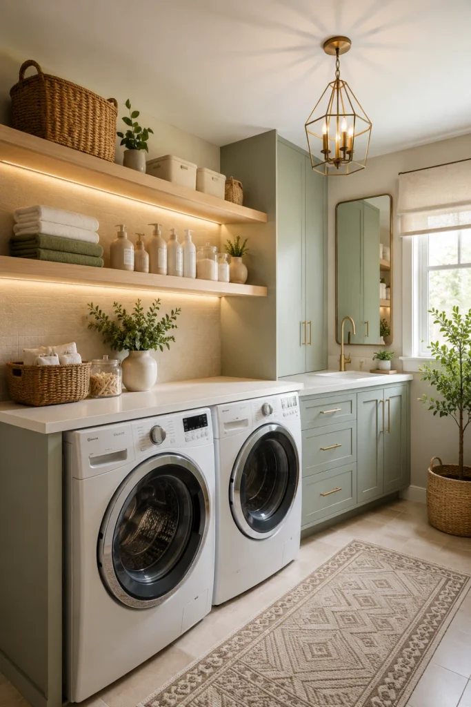 Best Modern Laundry Room Storage Ideas featuring elegant floating shelves above a white washer and dryer with baskets, detergent storage, and contemporary décor.