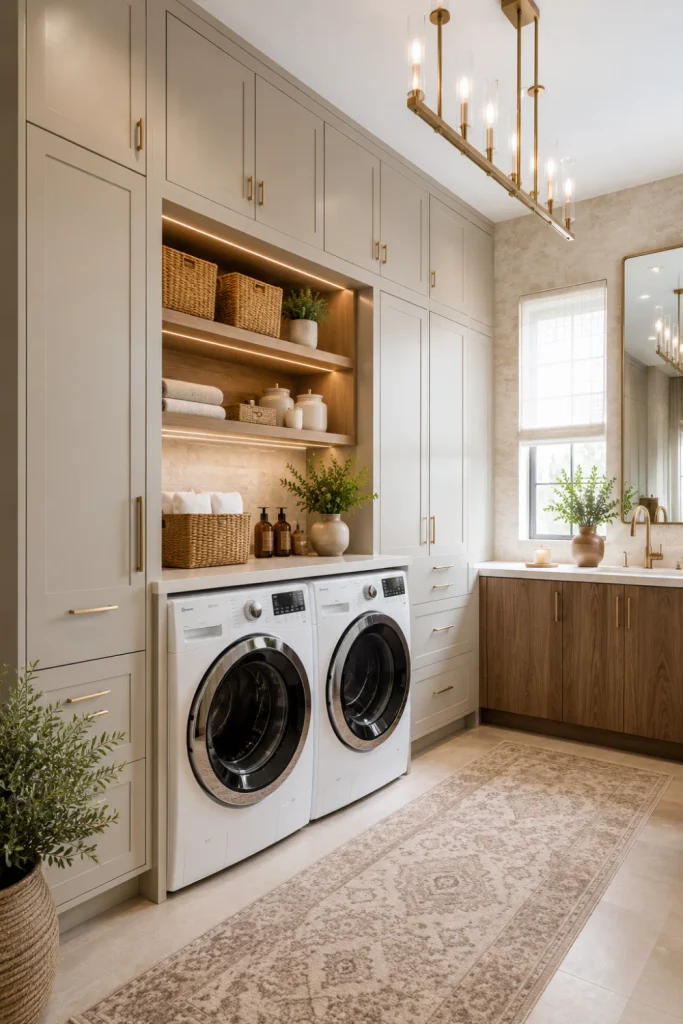 Best Modern Laundry Room Storage Ideas with floor-to-ceiling cabinets, sleek appliances, concealed organization, and elegant contemporary finishes.