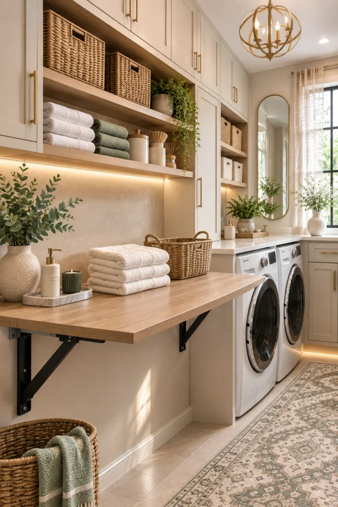 Best Modern Laundry Room Storage Ideas featuring a space-saving fold-down folding table, modern cabinetry, woven baskets, and sleek laundry appliances.