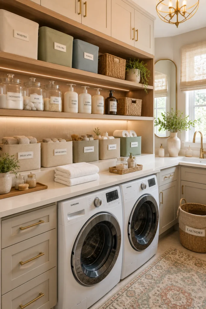 Best Modern Laundry Room Storage Ideas featuring labeled laundry bins and coordinated supply containers in a stylish, contemporary laundry room.