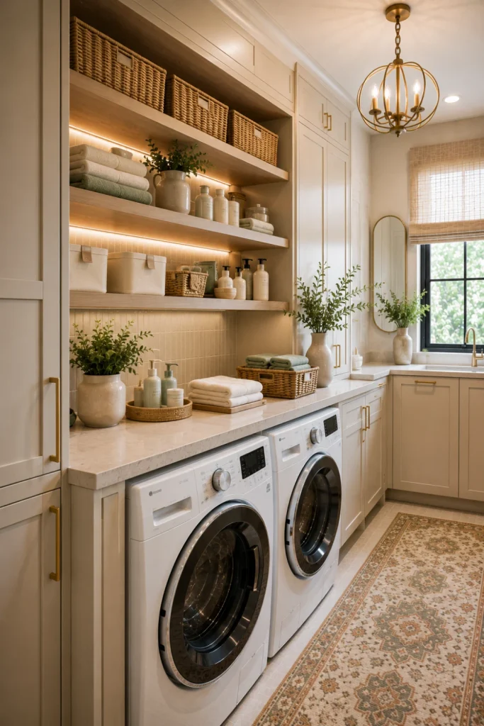 Best Modern Laundry Room Storage Ideas: combining open shelving, closed cabinets, woven baskets, modern appliances, and stylish laundry room decor.