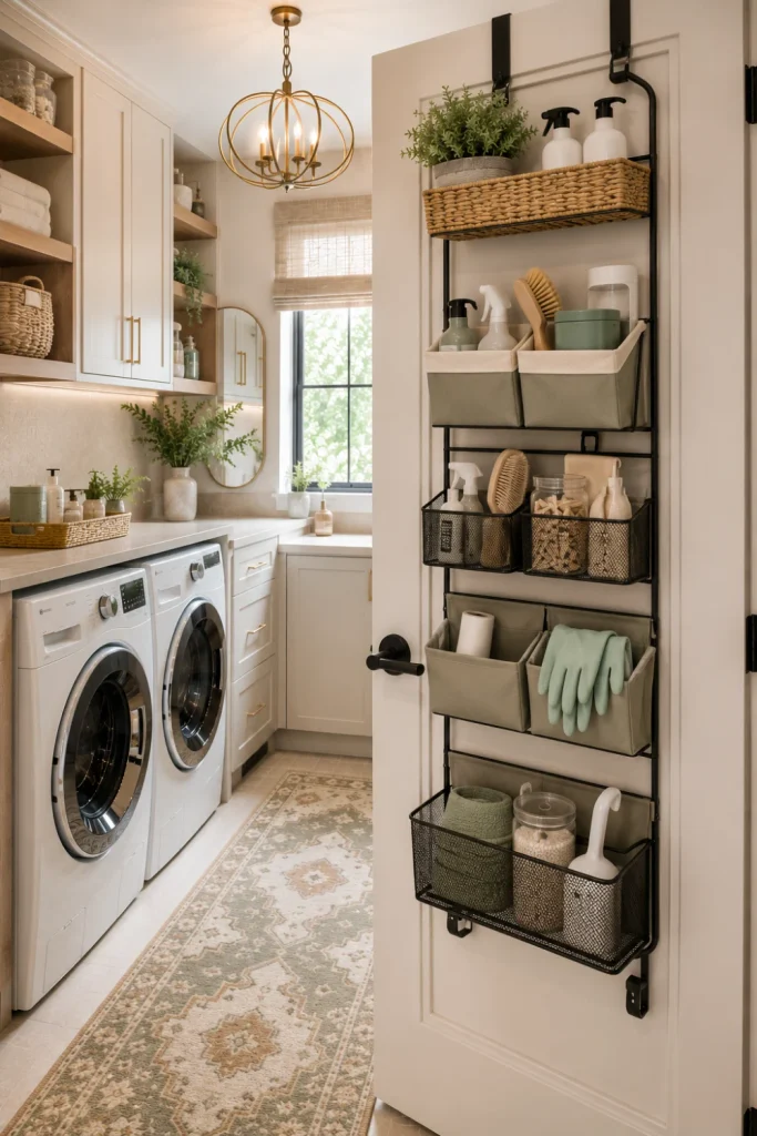 Best Modern Laundry Room Storage Ideas with a stylish over-the-door organizer holding laundry supplies, brushes, clothespins, and cleaning essentials.