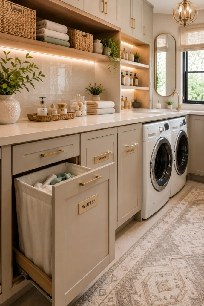 Best Modern Laundry Room Storage Ideas with pull-out hampers built into cabinetry for easy clothes sorting in a modern laundry room.