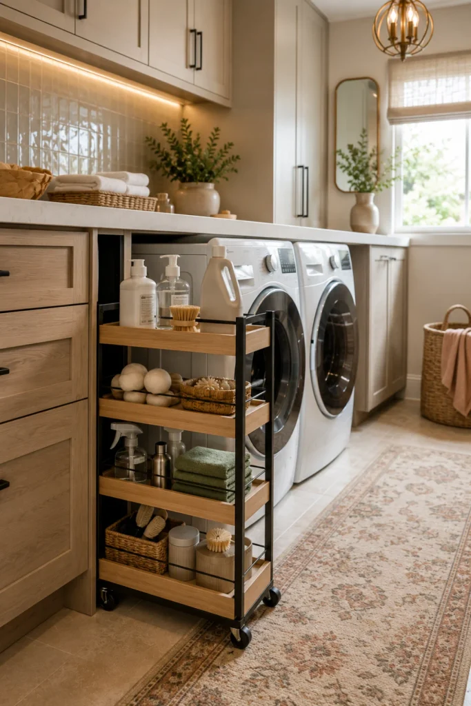 Best Modern Laundry Room Storage Ideas featuring a slim rolling laundry cart beside the washer and dryer with organized cleaning supplies and stylish baskets.