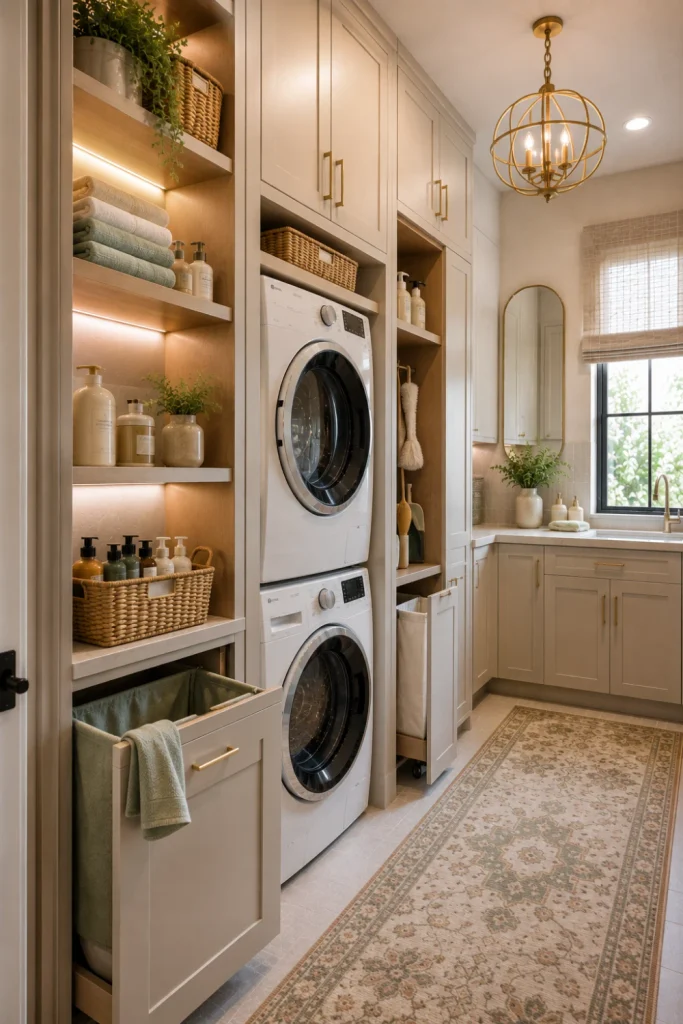 Best Modern Laundry Room Storage Ideas with a stacked washer and dryer surrounded by sleek cabinets, shelving, baskets, and modern lighting.