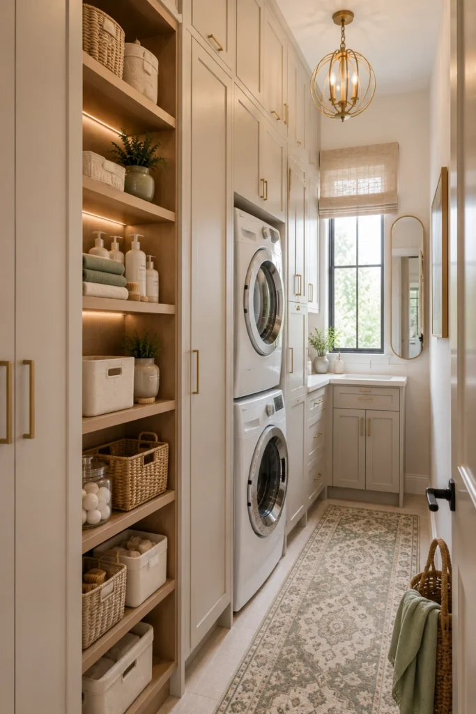Best Modern Laundry Room Storage Ideas: Using tall vertical cabinets and shelving to maximize a narrow contemporary laundry room.