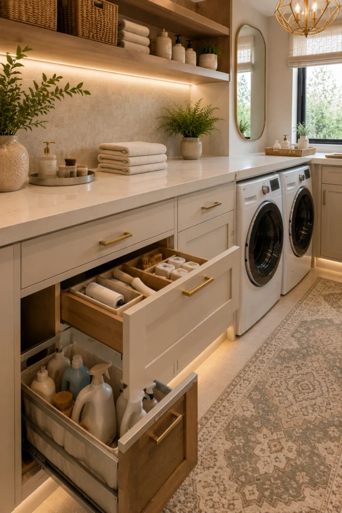 Best Modern Laundry Room Storage Ideas: Under-counter drawers, base cabinets, pull-outs, and organized laundry supplies in a chic modern room.