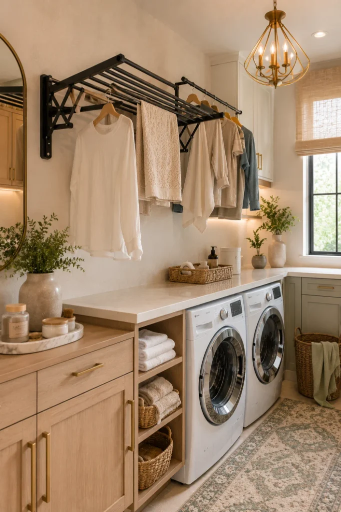 Best Modern Laundry Room Storage Ideas with a wall-mounted drying rack, hanging rod, sleek cabinets, and contemporary laundry décor.