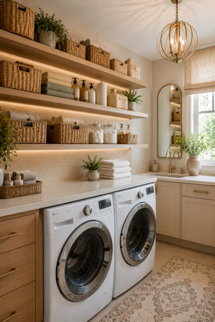 Best Modern Laundry Room Storage Ideas with woven baskets on open shelves, folded towels, laundry supplies, and stylish contemporary decor.