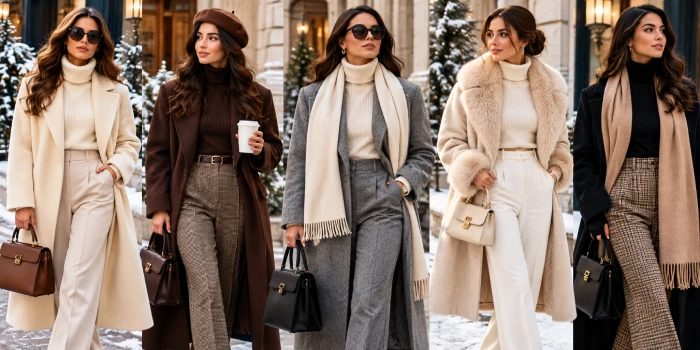 Best old money winter outfits designs ideas featuring elegant neutral coats, knit sweaters, tailored trousers, plaid pants, scarves, structured handbags, and polished winter accessories in a luxurious snowy setting.