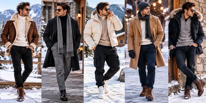 Best winter aesthetic outfit designs for men featuring modern cozy layered looks with wool coats, puffer jackets, knit sweaters, scarves, dark trousers, and winter boots in snowy settings.