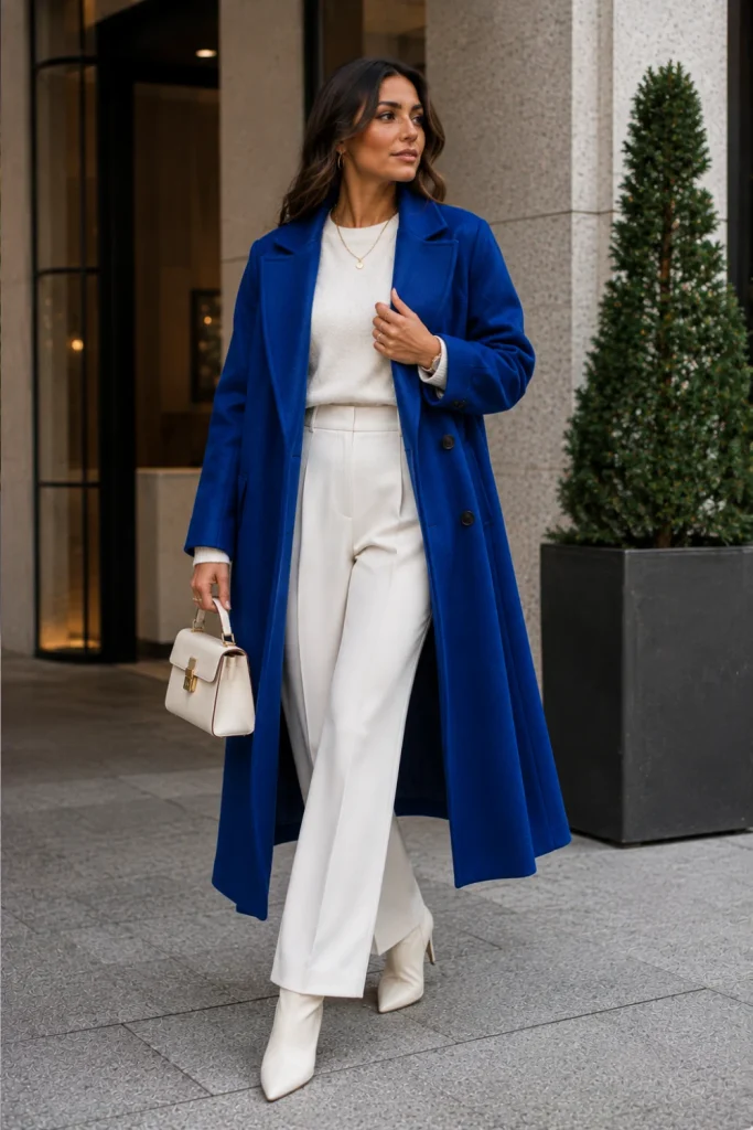 All-white winter layers styled with a bold statement coat and modern boots for an elegant Pinterest-ready cold-weather outfit.