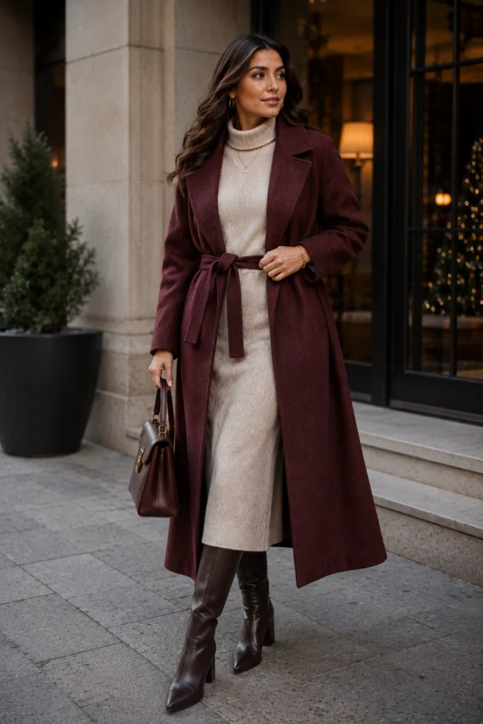 A stylish belted coat over a cozy sweater dress with knee-high boots for a sophisticated winter aesthetic outfit.